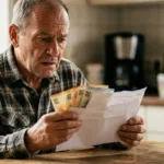 Rentnerpaar schaut überrascht auf Rentenbescheid und Taschenrechner